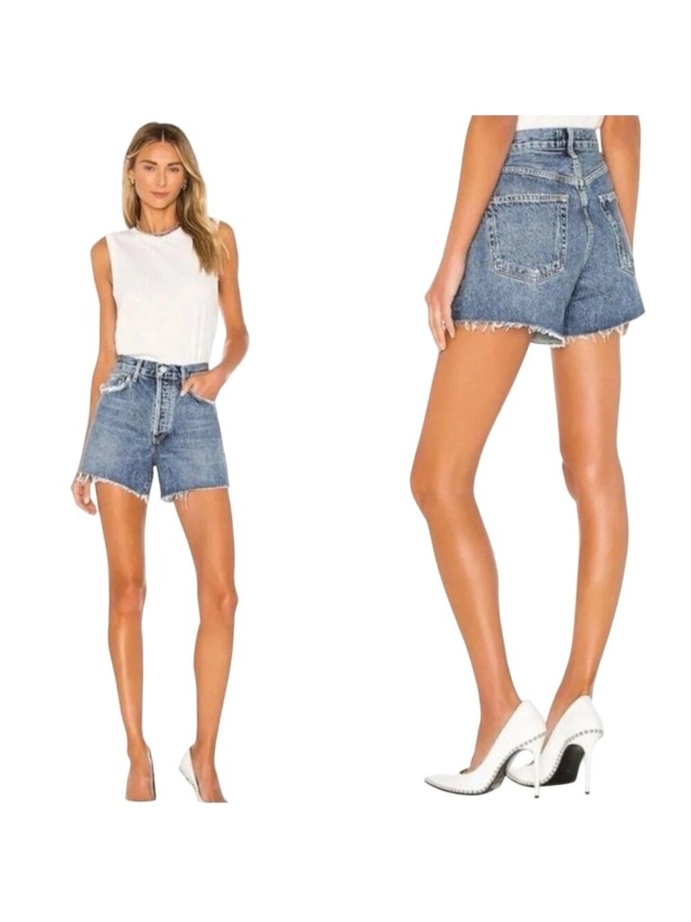 Agolde Reese High Rise Relaxed Denim Cut Off Shorts 24 Medium Wash Distressed
